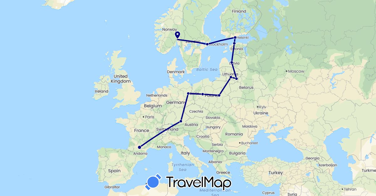 TravelMap itinerary: driving in Germany, Estonia, Finland, France, Lithuania, Latvia, Norway, Poland, Sweden (Europe)